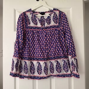 J. Crew 6  Mixed Paisley Print Popover Top Red White Blue Blouse Shirt